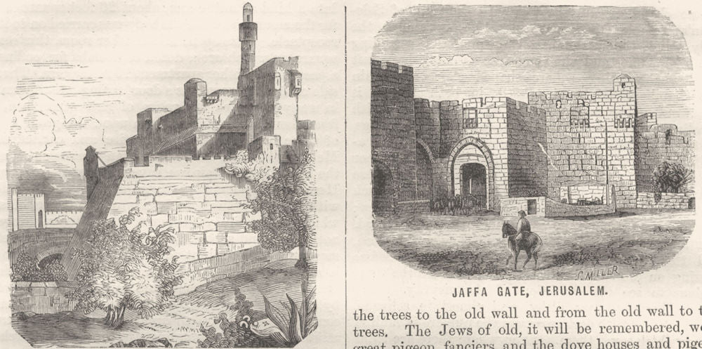 ISRAEL. Jerusalem. Castle of Sion; Jaffa Gate 1870 old antique print picture